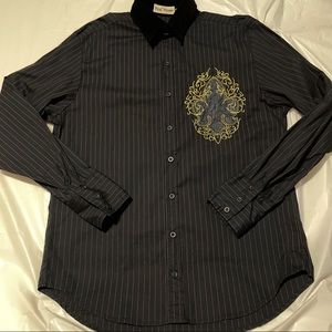 Pure Venom Men's Size 2XL Black Pinstripe Embroidered Velvet Collar Shirt